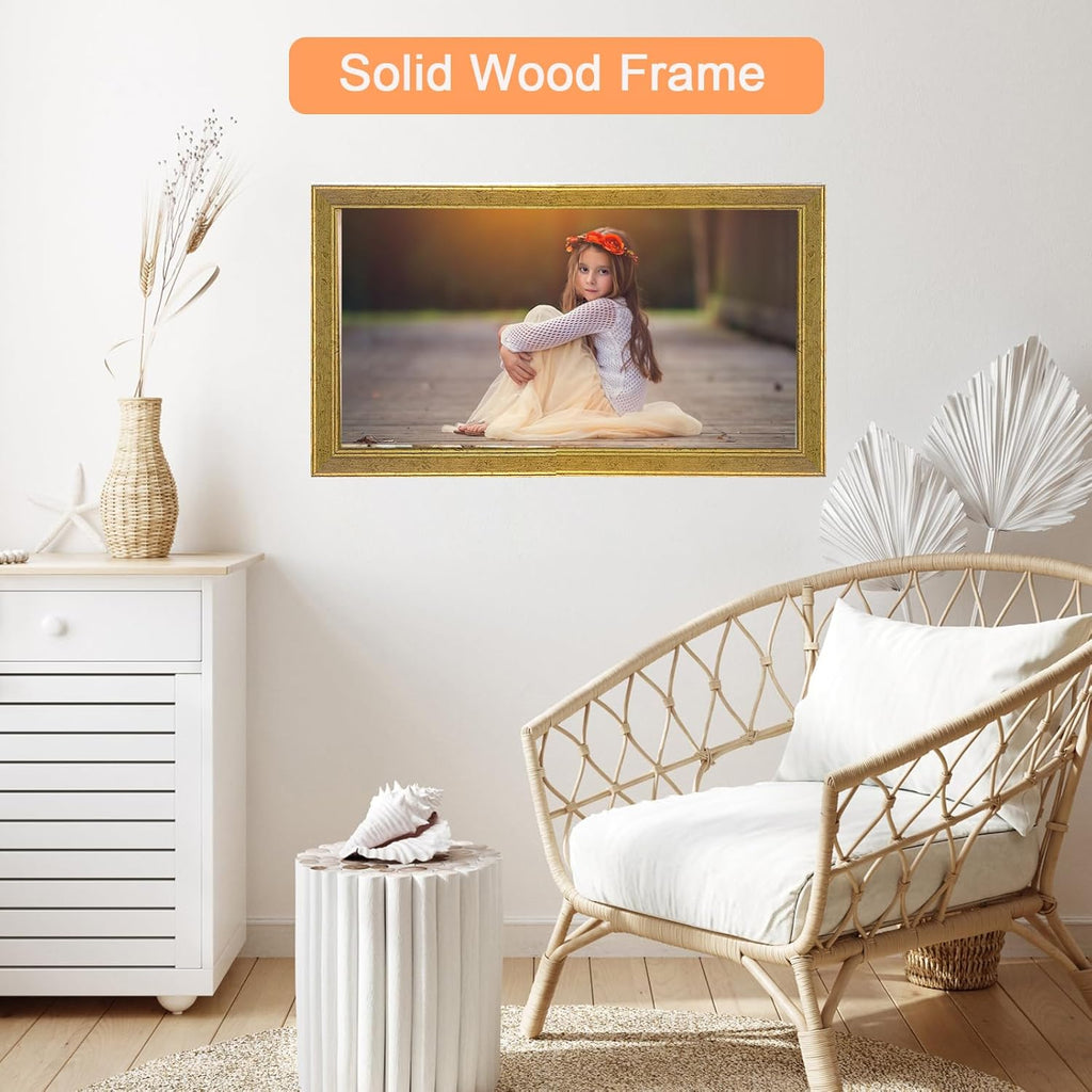 Wood 11x22 Frame Gold, Ornate Natural 22x11in Poster Picture Frame, Modern Golden 11 x 22inch Gallery Wall Photo Frame with HD Plexiglass, Horizontal Vertical Wall Mounting Display 1pcs