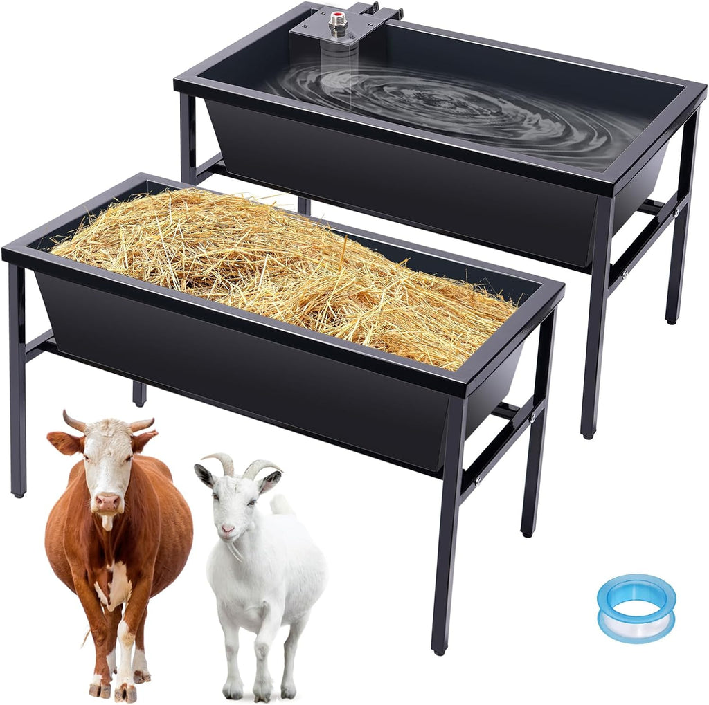 2pcs Livestock Feeder and Water Trough with Auto-Fill Float Valve Stainless Steel Goat Feeder Horse Trough Automatic Waterer for Goat, Sheep, Horse, Pig, Cattle, Large Dog Water Dispenser
