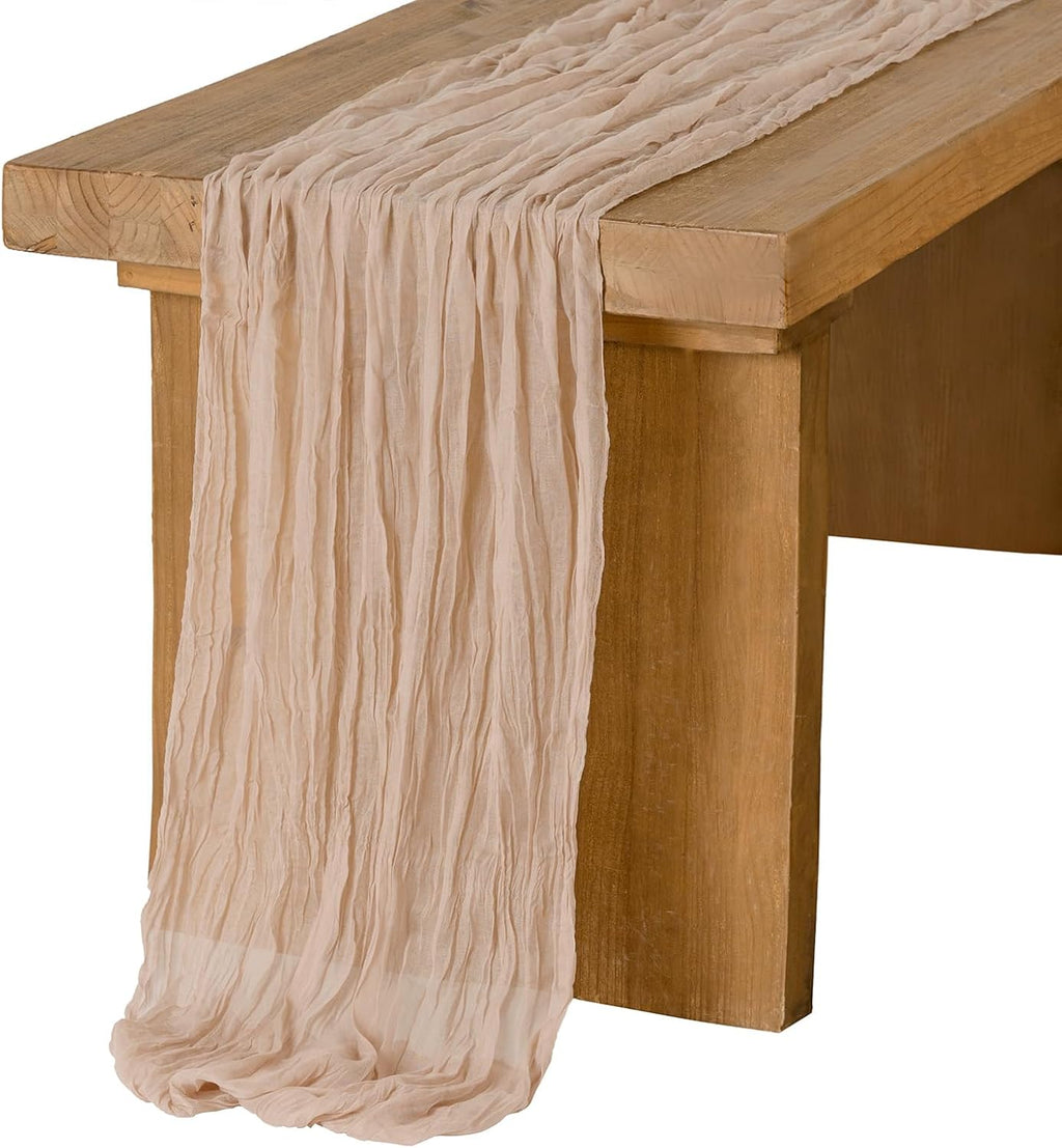 Ling's moment 10Ft x 35" Wide Warm Sand Gauze Semi-Sheer Table Runner Cheesecloth Tablecloth for Wedding Party Bridal Shower Boho Table Decor