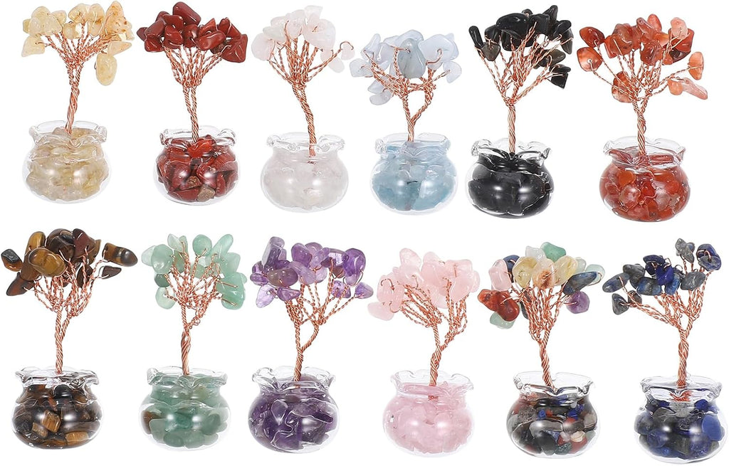 LUOZZY 12 Pcs Mini Crystal Money Tree Feng Shui Bonsai Lucky Fortune Centerpiece for Home Office Desk Decorations
