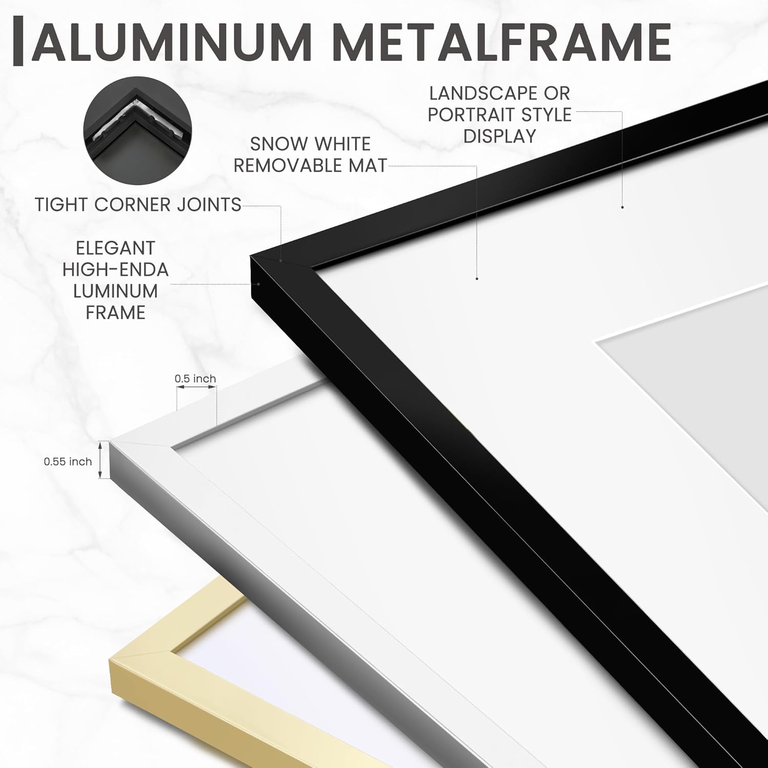 Heimlove 16X24 Aluminum Picture Frame, Black Metal Picture Frame with Mat for 12x18 Photo - Wall Mount - Picture Frame for Wall Display for Home, Room, Office Decor - Black, Set of 1