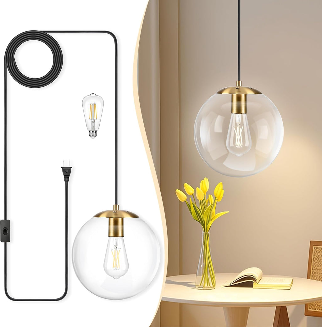 KoKo&Yukina 10" Globe Pendant Light Gold Plug in Pendant Light Adjustable Hanging Lights with Plug in Cord Brushed Gold Finished with Clear Glass Lampshade for Bedroom Kitchen Island（Bulb Included）