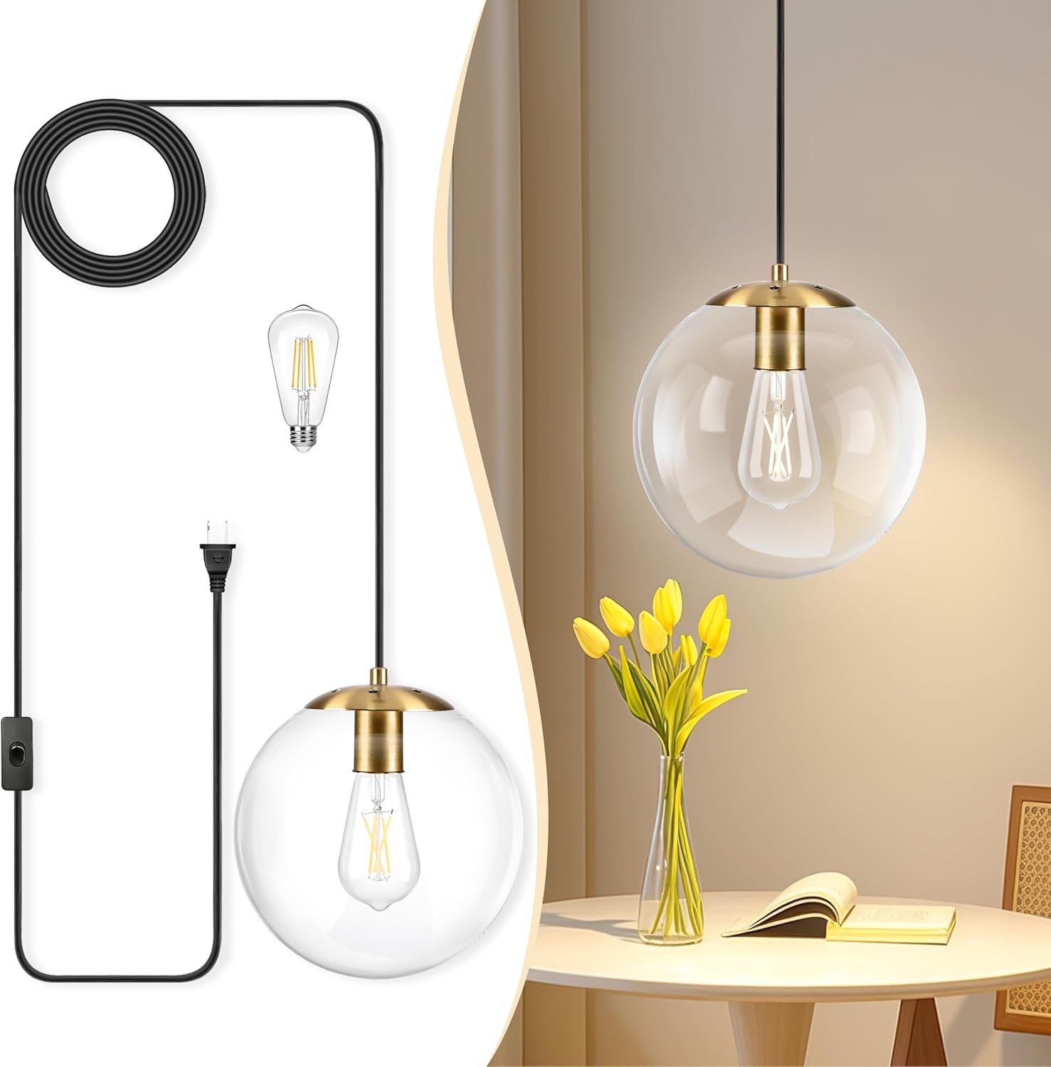 KoKo&Yukina 10" Globe Pendant Light Gold Plug in Pendant Light Adjustable Hanging Lights with Plug in Cord Brushed Gold Finished with Clear Glass Lampshade for Bedroom Kitchen Island（Bulb Included）