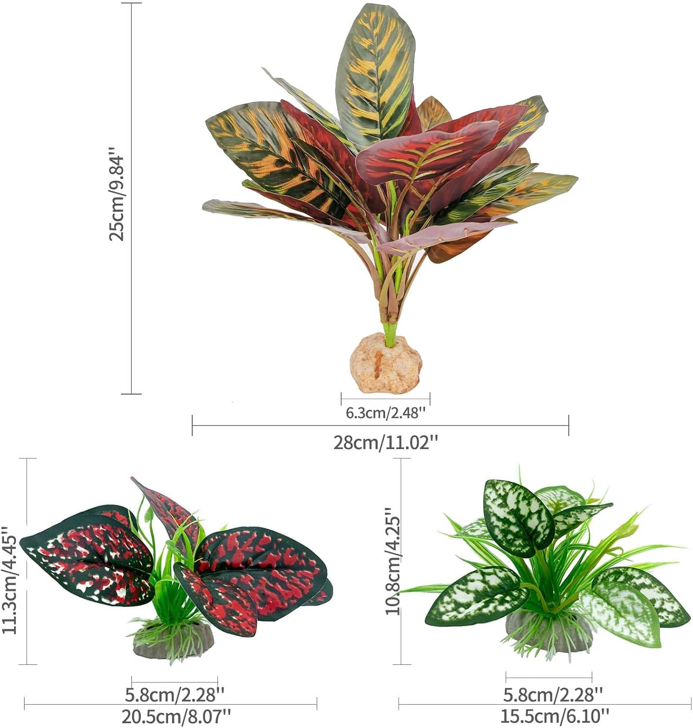 Reptile Artificial Plants, Terrarium Plants Decorations Supplies, Aquarium Fish Tank Plant, Amphibian Habitat Hideout Tank Accessories(L Set-3pcs/D)