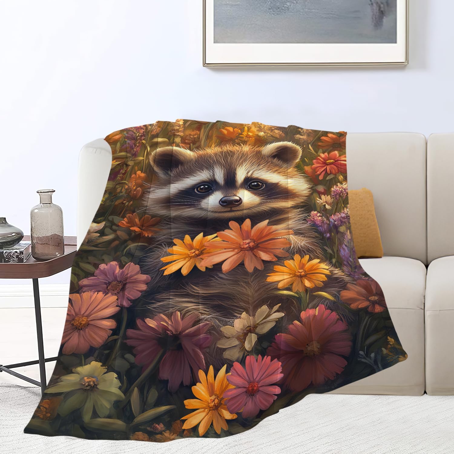 Raccoon Blanket Cute Cartoon Raccoon Throw Blanket Gifts for Girls Women Kids Boys Adults Men Super Soft Cozy Plush Fluffy Fuzzy Fleece Blanket Home Decor 50''X60''
