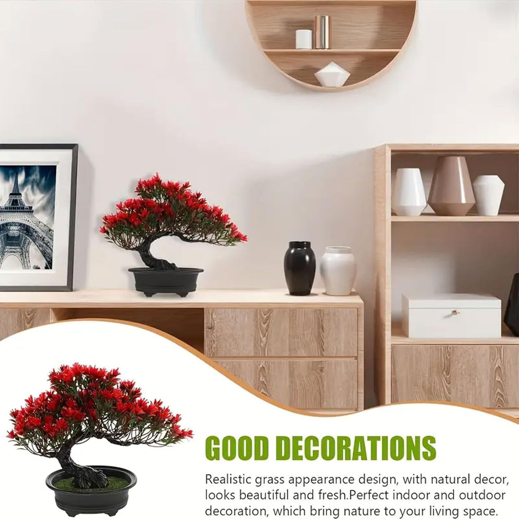 Artificial Plants Greenery Bonsai, Room Decor Fake Bonsai Tree for Home Decor Indoor Bookshelf Office Desk Bathroom Farmhouse Decor (Red)