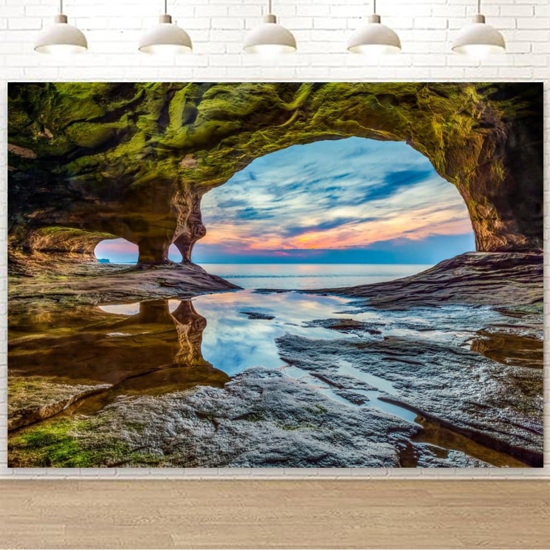 5x3ft Ocean Backdrop Summer Tunnel Mountain Sunset Blue Lake Water Moss Seaside Scenery Luau Photography Background Party Holiday Birthday Wedding Studio Photo Props Polyester