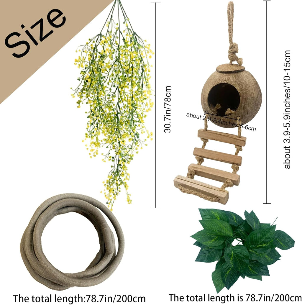 Crested Gecko Coconut Hut with Ladder,Natural Bearded Dragon Coco Den Reptile Shell Hideout Husk Hut Climbing Plants Leaves Tank Accessories for Lizard Chameleon Snakes
