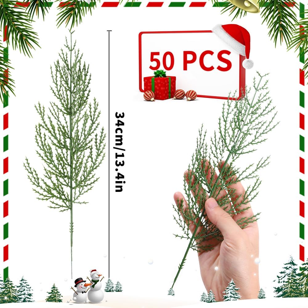 50 PCS Artificial Pine Branches Christmas Faux Pine Greenery Stems Fake Cedar Pine Needles Picks for Christmas Tree Wreath Garland DIY Crafts Holiday Home Decoration