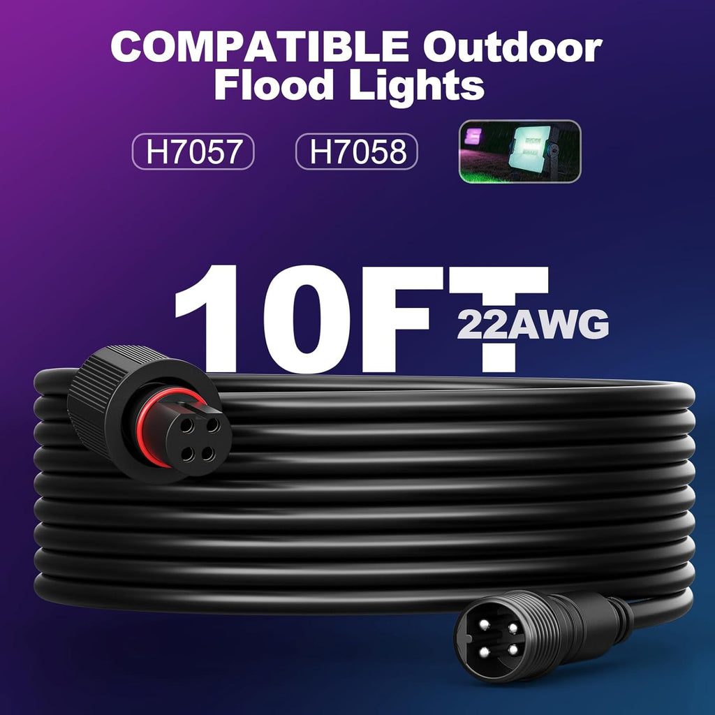Outdoor 10FT Flood Lights Extension Cord，4Pin Waterproof Connector，Extend Your for Go-vee Outdoor Flood Lights 2 H7058 H7057 - Weatherproof
