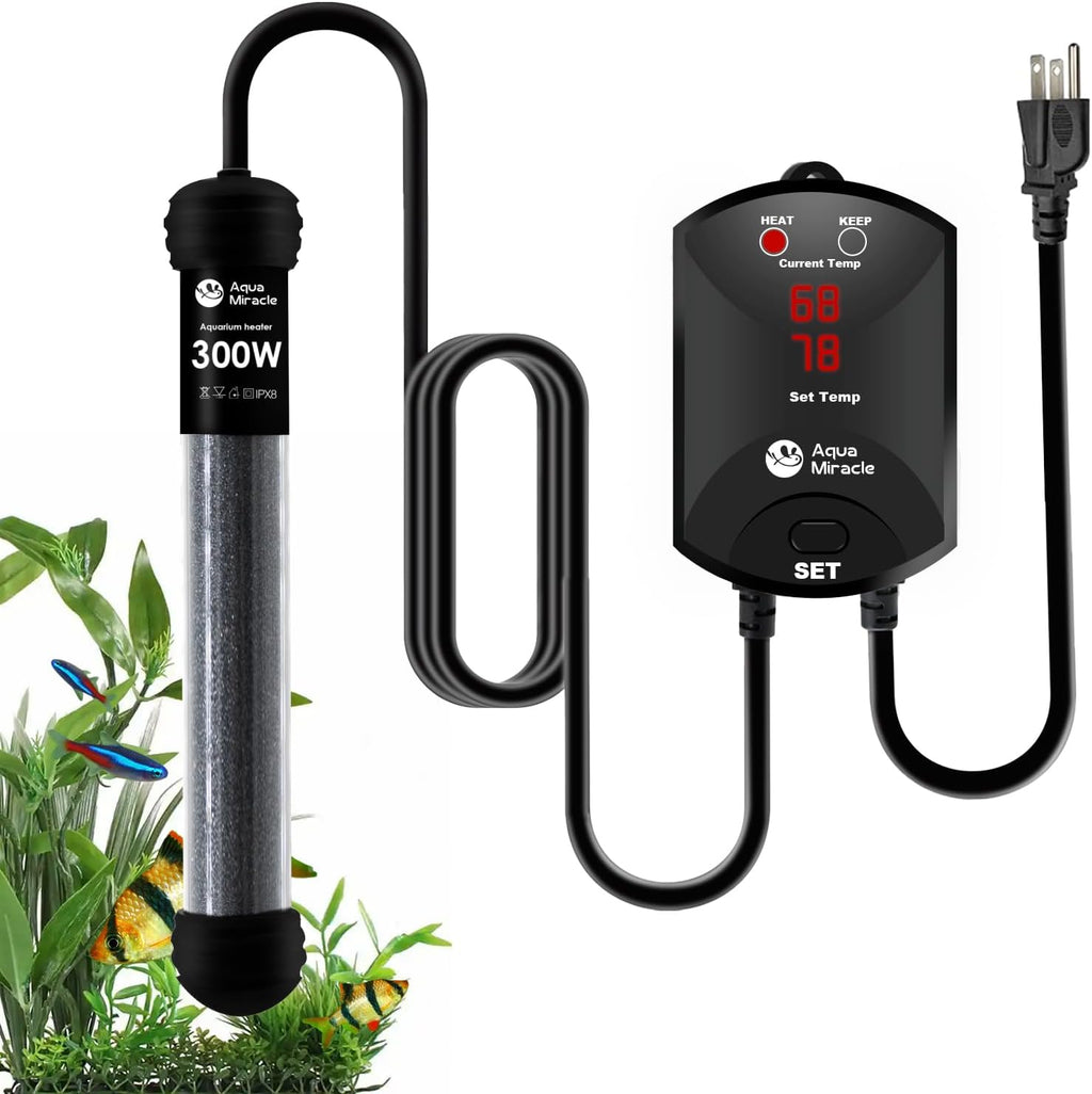 AquaMiracle 300W Small Aquarium Heater Fish Heater, Super Compact Fish Tank Heater Turtle Tank Heater for 40-60 Gal Tanks, with Dual LED Display, Dry-Run/Overheating Protection & Memory Function