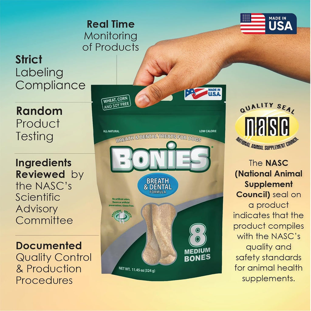 Bonies Breath and Dental Formula Treats for Dogs, All-Natural Ingredients, Fresh Breath, Cleans Teeth, Low Calories, Chicken Flavor - Medium, 8 Bones, 11.45-oz