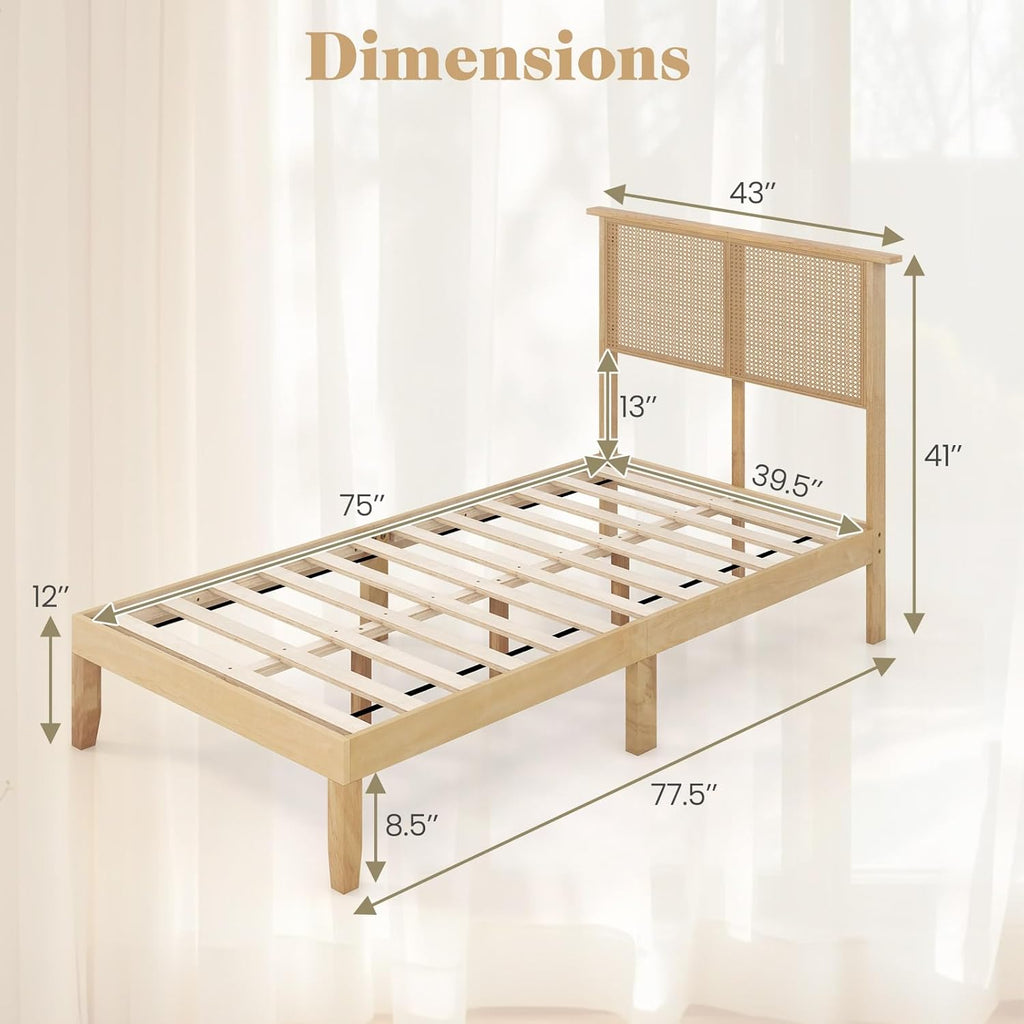 Giantex Rattan Twin Bed Frame with Headboard, Boho Solid Wood Platform Bed with Wooden Foundation & Slats, Underneath Storage Space, Twin Bed Frames for Kids Adults, No Box Spring Needed, Natural