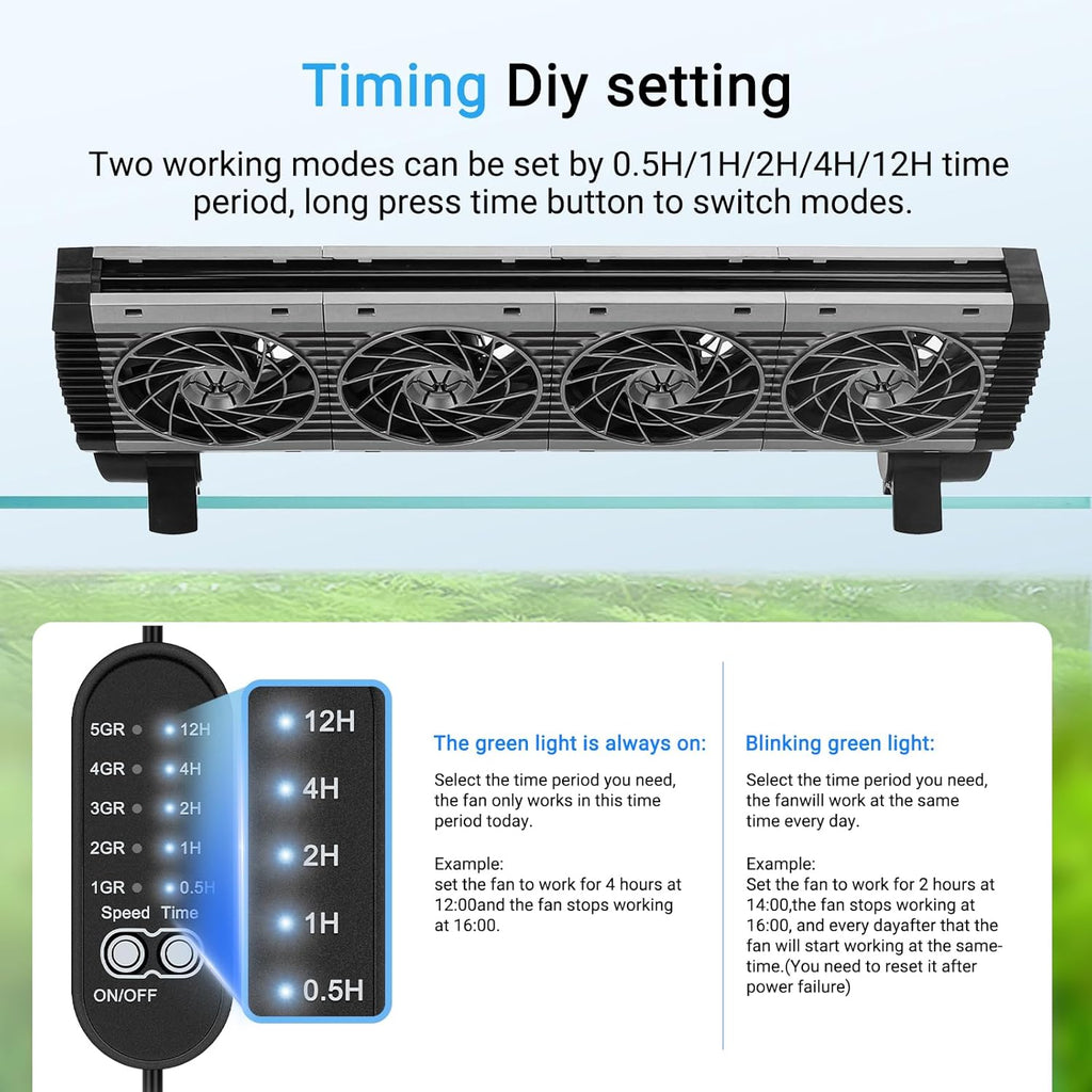 fishkeeper Aquarium Chiller Fan - 3600 r/m Powerful Wind Quiet Fish Tank Cooling Fan, 5 Speeds, 3 Timer Modes, 180° Wide Angle Adjustable Aquarium Cooler Chiller with Smart Controller (15W, 4 Heads)