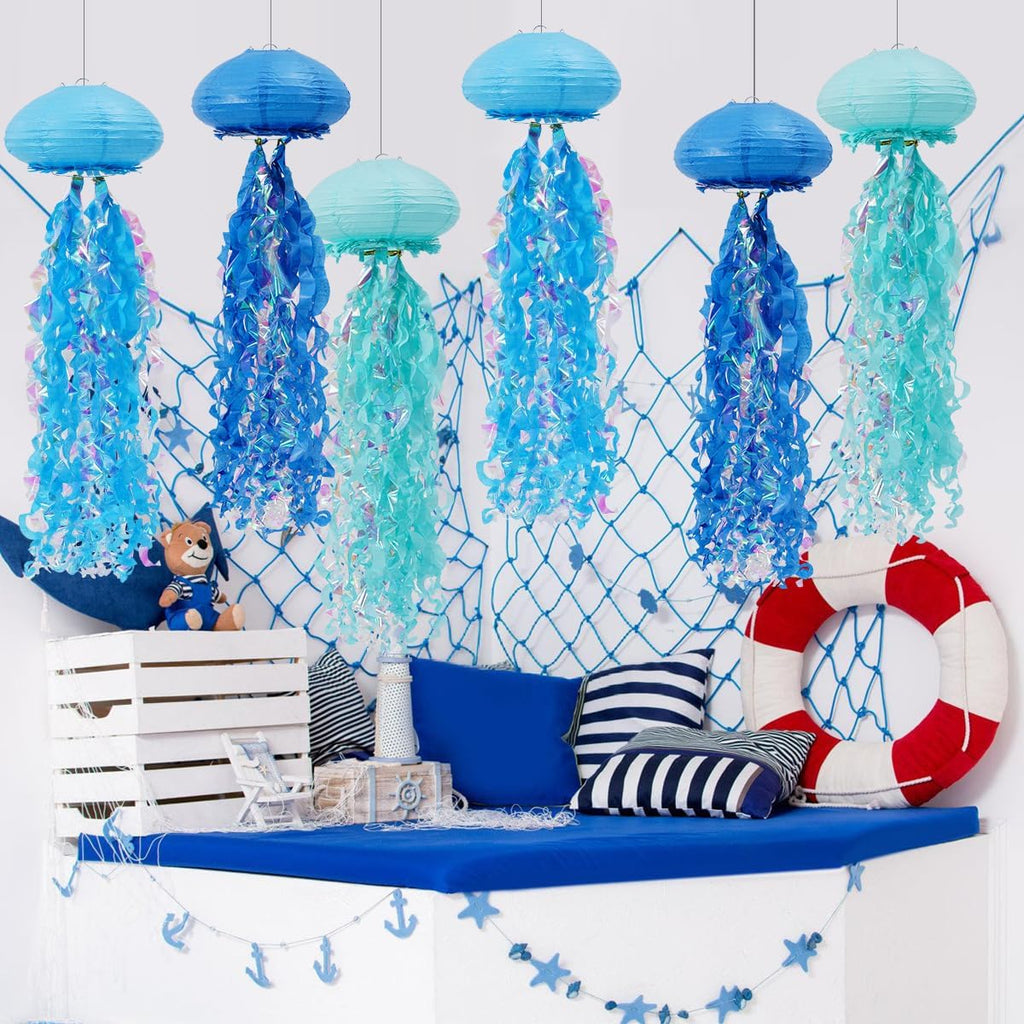 Mermaid Birthday Decorations, Jellyfish Paper Lanterns for Mermaid Party Under The Sea Baby Shower Ocean Blue Birthday Party Decorations Pack of 6 Blue
