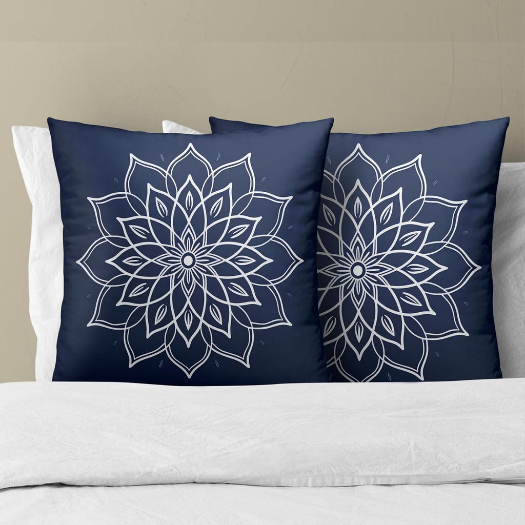 Mandala Navy Blue Throw Pillow Covers Set of 2 All-Season Soft Boho Lotus Flower Pillowcases with Hidden Zipper,Durable for Sofa Bed Car Decor & Gift Luxury 18x18Inch