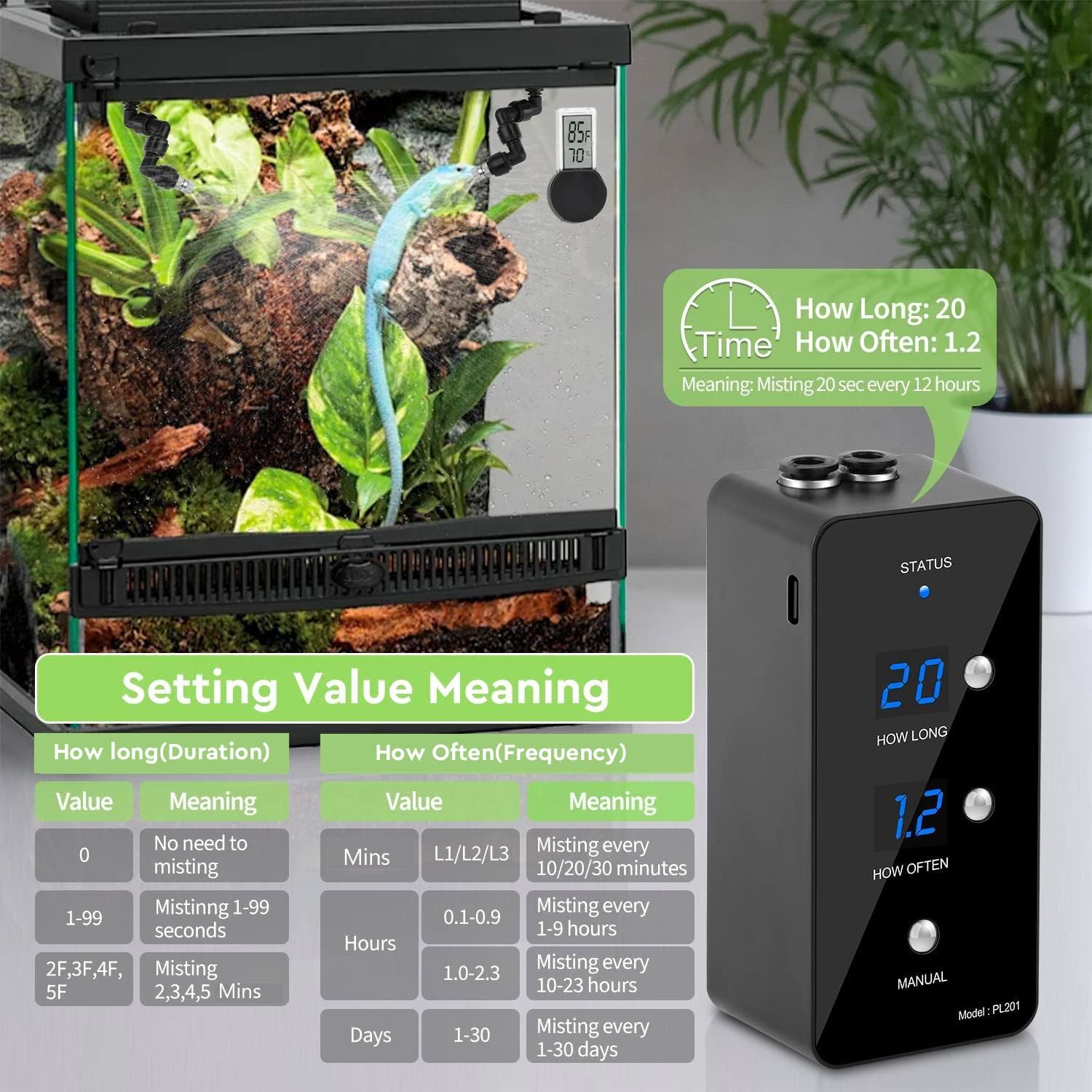 moistenland Reptile Humidifier, Misting System for Terrariums, Automatic with Adjustable Spray Nozzles, Black
