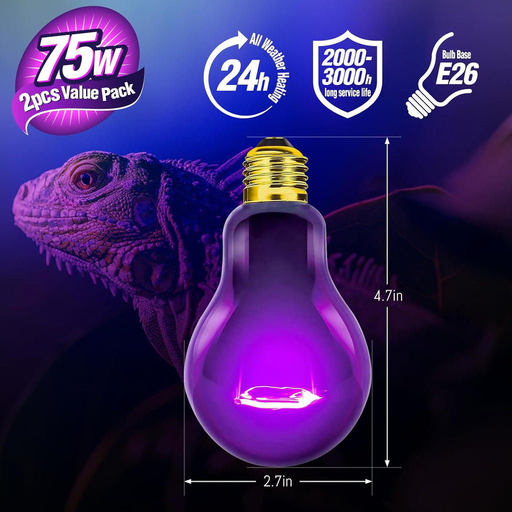 Leoterra 75W Reptile Heat Lamp Bulb 2-Pack, Night Black Moonlight Infrared Heat Lamp for Nocturnal Reptiles, Thermostat Compatible Basking Spot Light for Bearded Dragon, Turtle, Snake Tank Terrarium