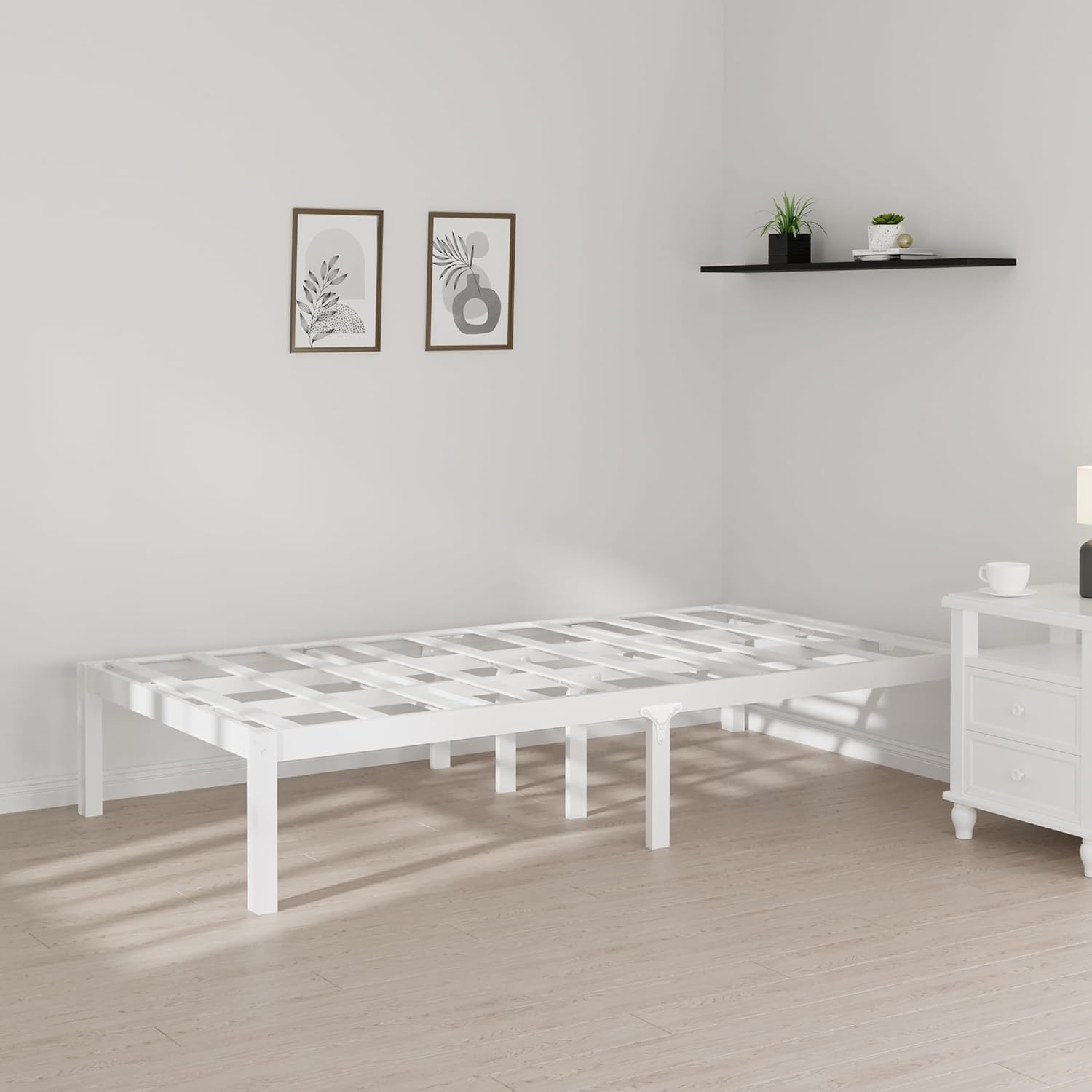 14 Inch Bamboo Bed Frame – Solid Wood Platform Bed Frame, Strong and Stable, with Non-Slip Slats for Support, No Box Spring Needed, Easy to Assemble, Noise-Free (White, Twin)