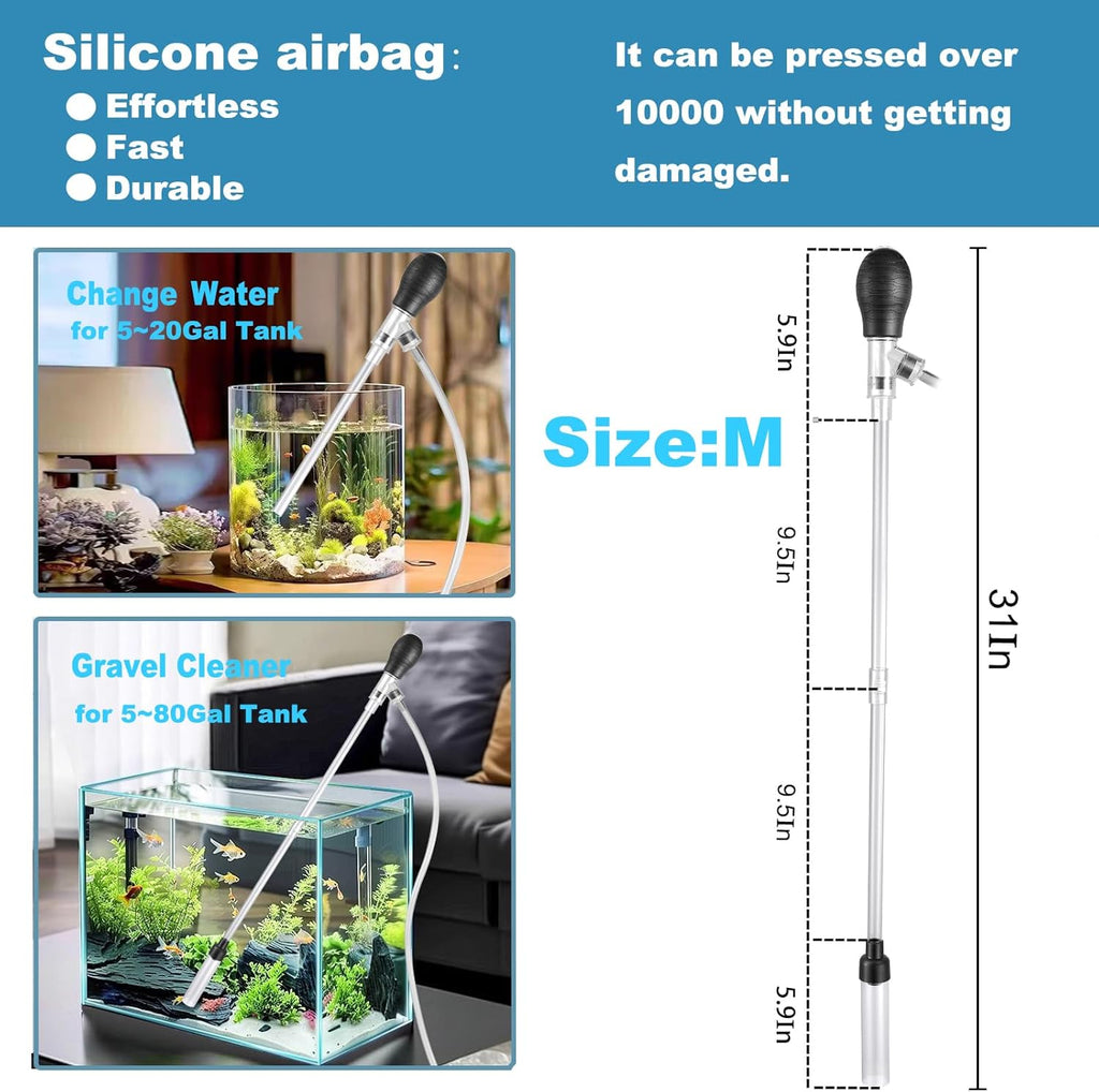 Carefree Fish Aquarium Gravel Cleaner 6Ft Hose Silicone Airbag Fish Tank Water Changer Gravel Vacuum Adjustable Length ABS(for 5~20Gal Tank)