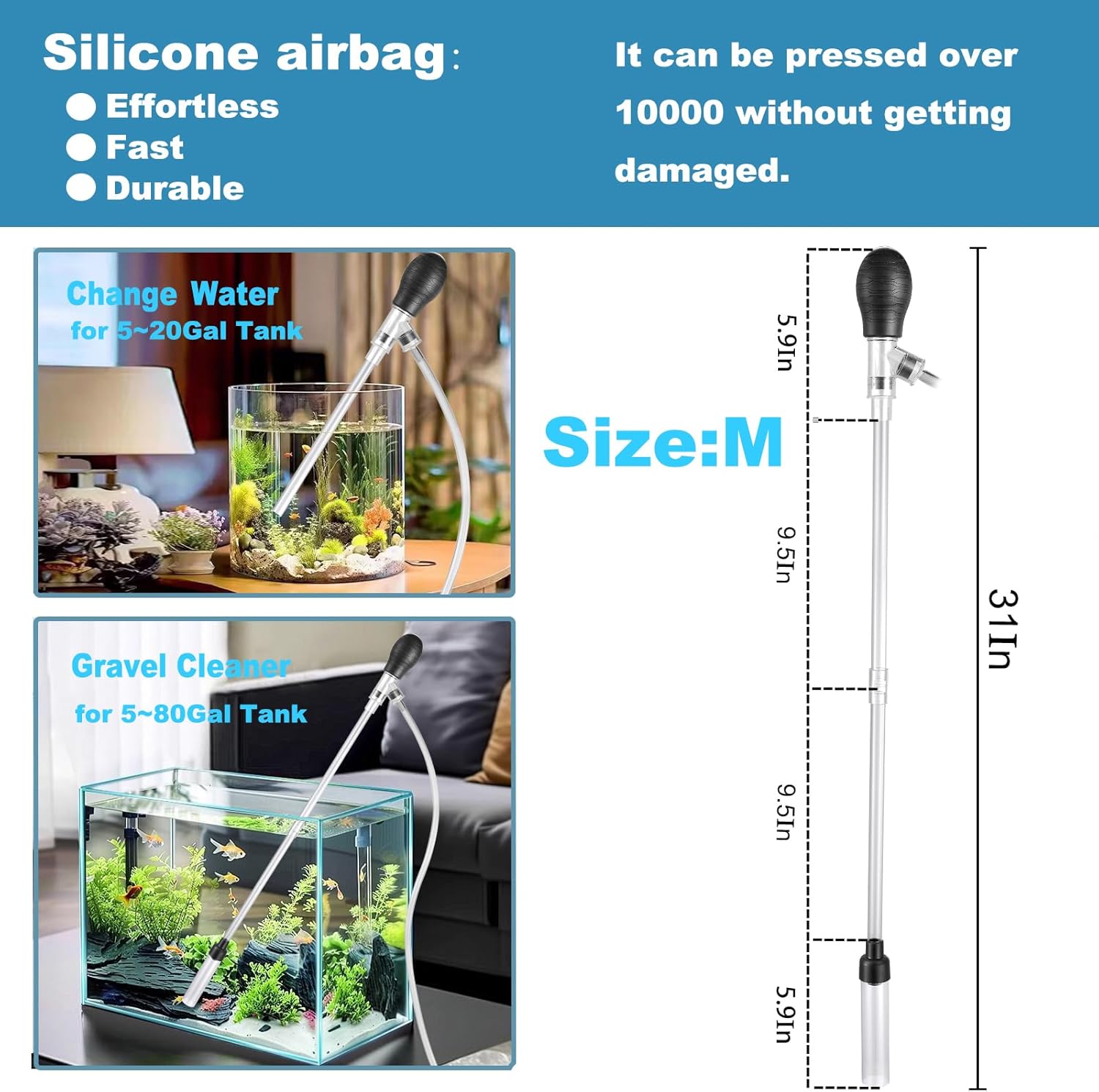 Carefree Fish Aquarium Gravel Cleaner 6Ft Hose Silicone Airbag Fish Tank Water Changer Gravel Vacuum Adjustable Length ABS(for 5~20Gal Tank)