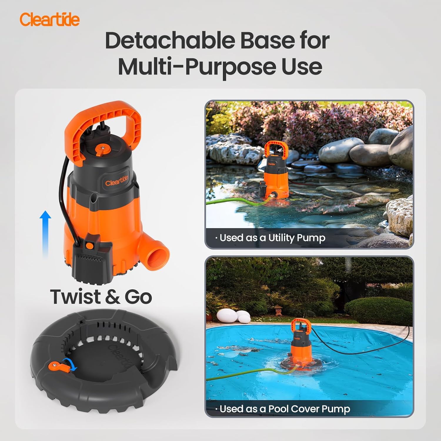 Cleartide 1/4 HP Automatic Pool Cover Pump, Smart Auto/Flexible Manual Mode,120V AC, 2160 GPH Pump for Inground or Above Ground Swimming Pool Cover, Pond, Basement, Window Well, with 25ft Power Cord