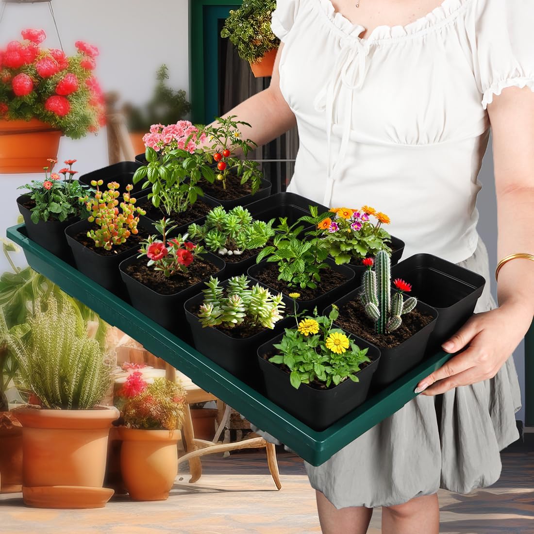 1020 Nursery Pots Trays 5 Pack, Plastic Flat Seed Starter Trays, Durable Seedling Potting Tray for Carrying and Holding Planting Pot (Green)