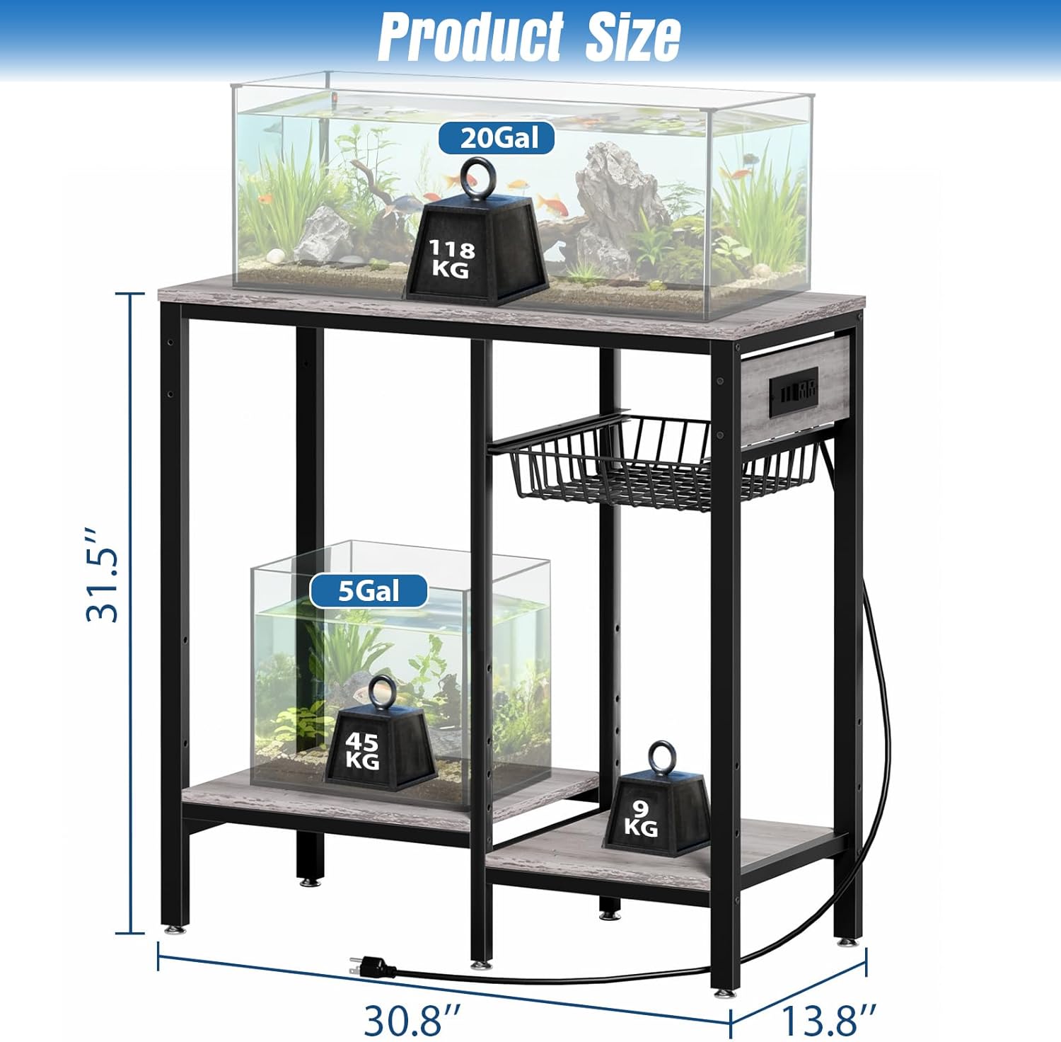 Livofloral 5-10-20 Gallon Fish Tank Stand with Outlet, Heavy Duty Aquarium Stand with Adjustable Shelves, Ample Storage Stand Table for Fish Tanks Accessories, Reptile Tank Stands, 660 LBS, Grey
