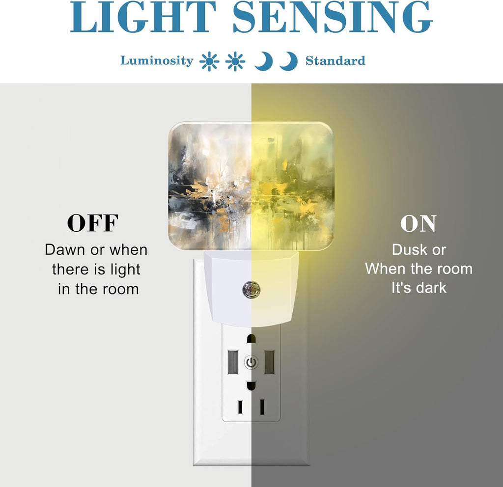Modern Abstract Oil Painting Night Light, Gray Golden Painting Nightlight Plug into Wall with Dusk to Dawn Sensor for Kid Girls Boys Women Men Bedroom,Hallway,Kitchen,Bathroom,Stairs Decor
