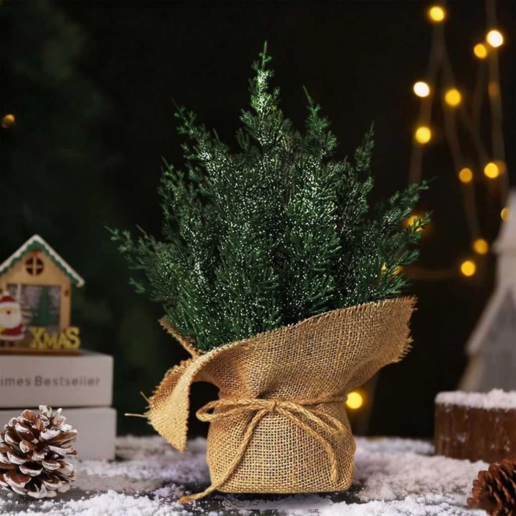 Mini Christmas Tree, Tabletop Christmas Tree 14In Artificial Snowy Pine Branches with Decorative Burlap Base Small Holiday Tabletop Centerpiece for Home Office Xmas Decor