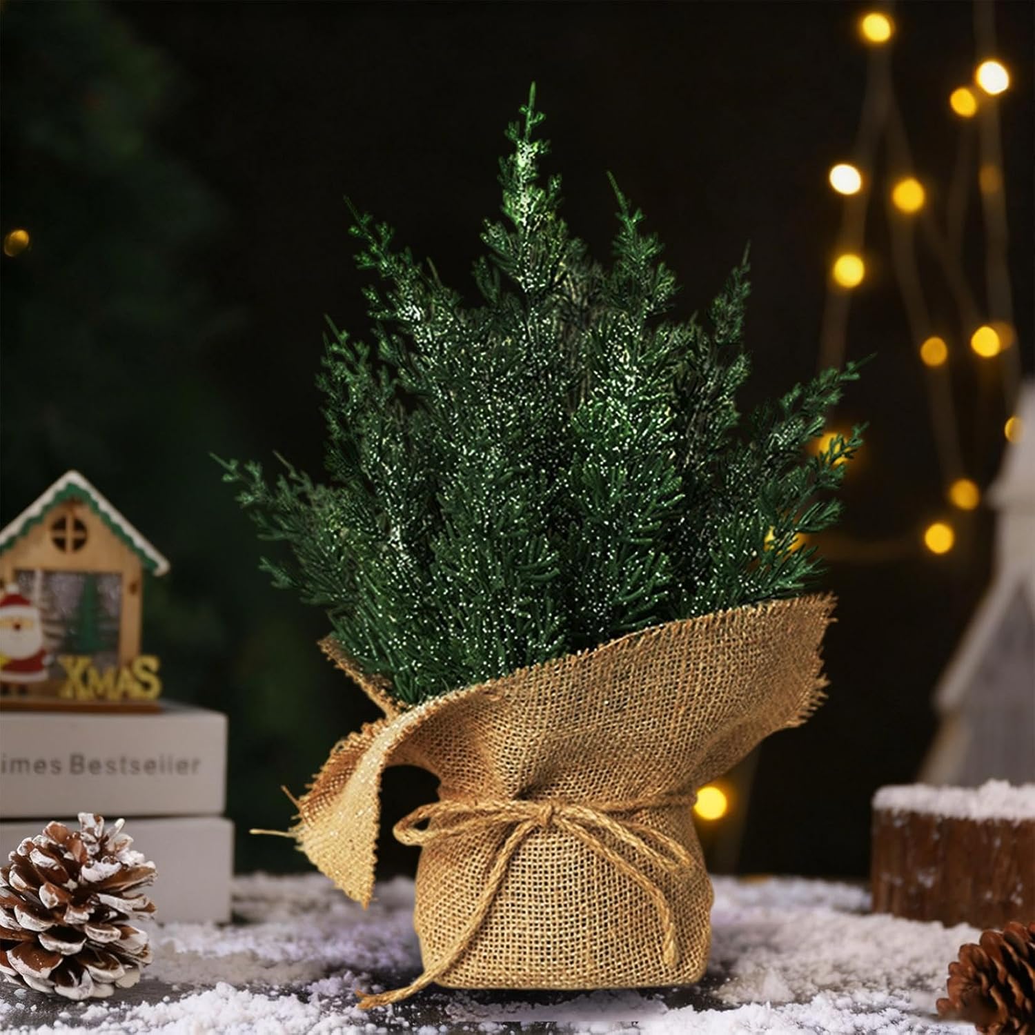 Mini Christmas Tree, Tabletop Christmas Tree 14In Artificial Snowy Pine Branches with Decorative Burlap Base Small Holiday Tabletop Centerpiece for Home Office Xmas Decor