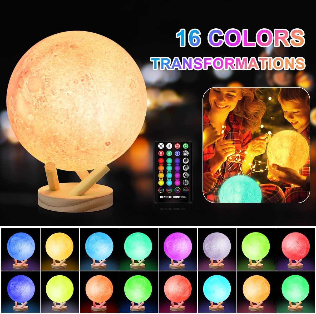 Moon Lamp, 6 Inch Sliding Control Moon Light, Kids Night Light, 16 Colors Moon Night Light with Unique Stand, Timing, USB Rechargeable, Room Decor, Christmas Birthday Gifts for Kid Women Friends Lover