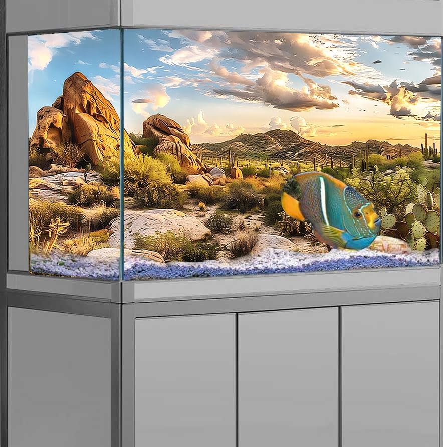 Reptile Habitat Background, Blue Sky Oasis Cactus Sun and Desert Terrarium Background with 6 EVA Double-Sided Tapes 48x24 inches/120x60