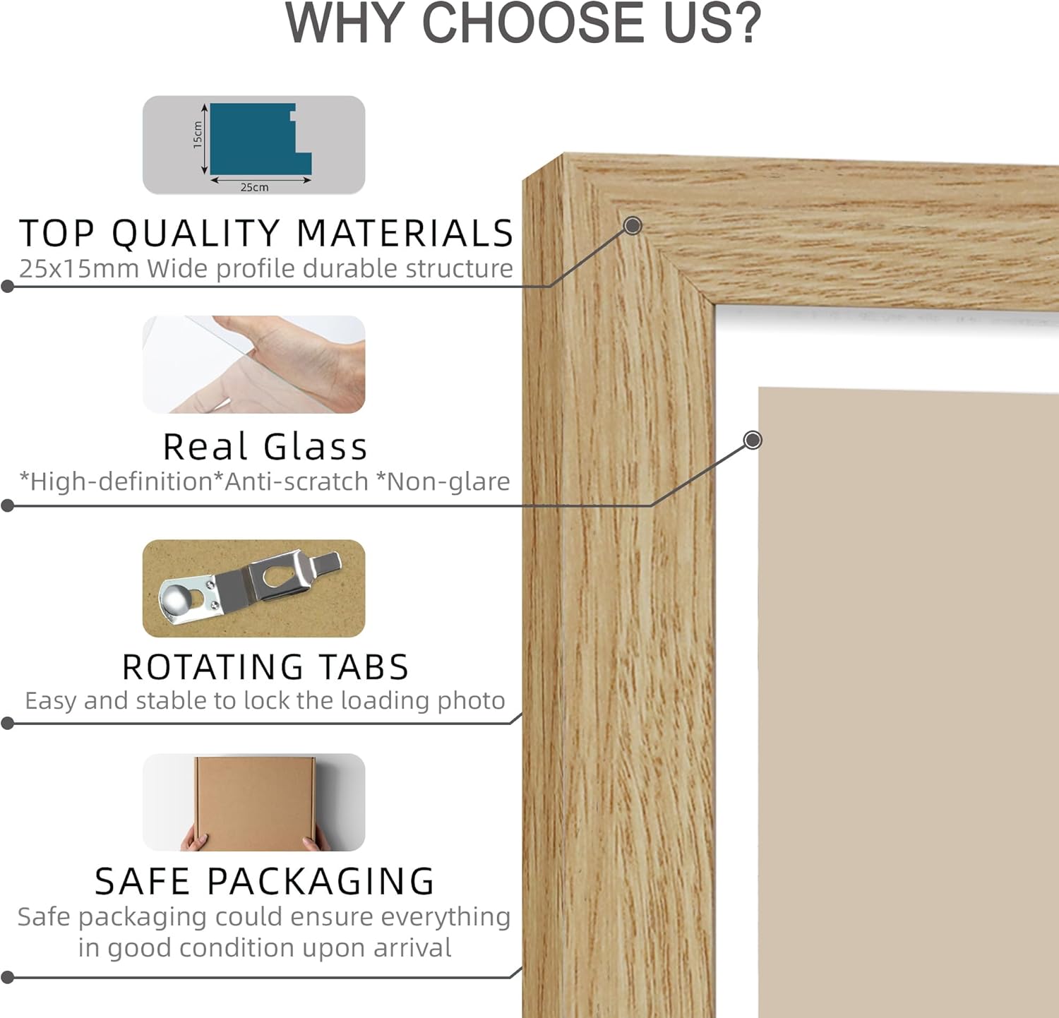 8x8 Picture Frames Set of 4, Made of Glass and Natural Oak Wooden Frame - Display Picture 6x6 with Mat or 8 x 8 Without Mat, 8 by 8 Photo for Wall or Tabletop