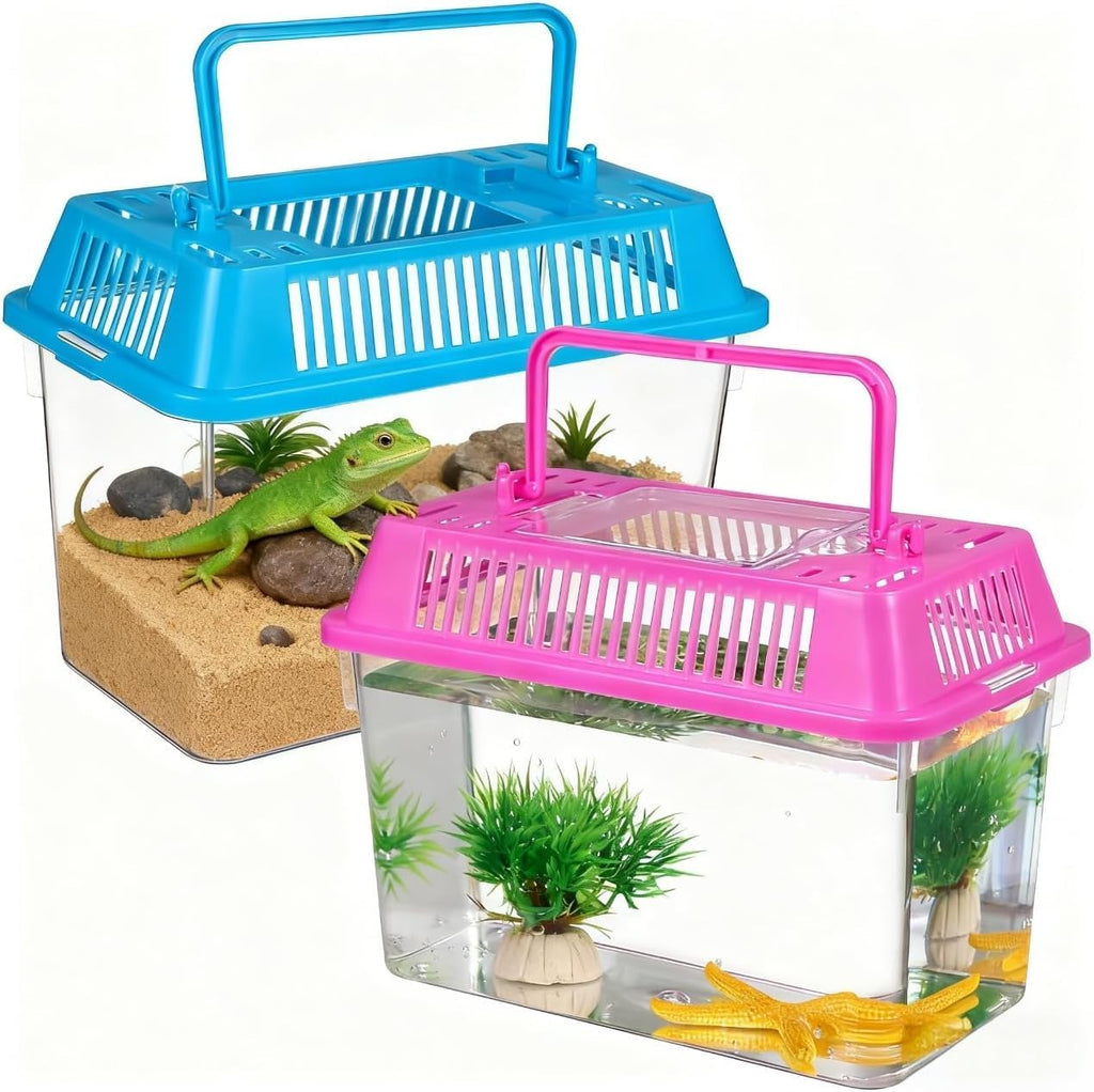 NOLITOY 4pcs Mini Portable Fish Tank: 3.7 * 5.9 * 4.3in Small Terrarium Critter Keeper for Fish Turtles Insects Hermit Crabs Bugs - Clear Reptile Enclosure Travel Carrier Box