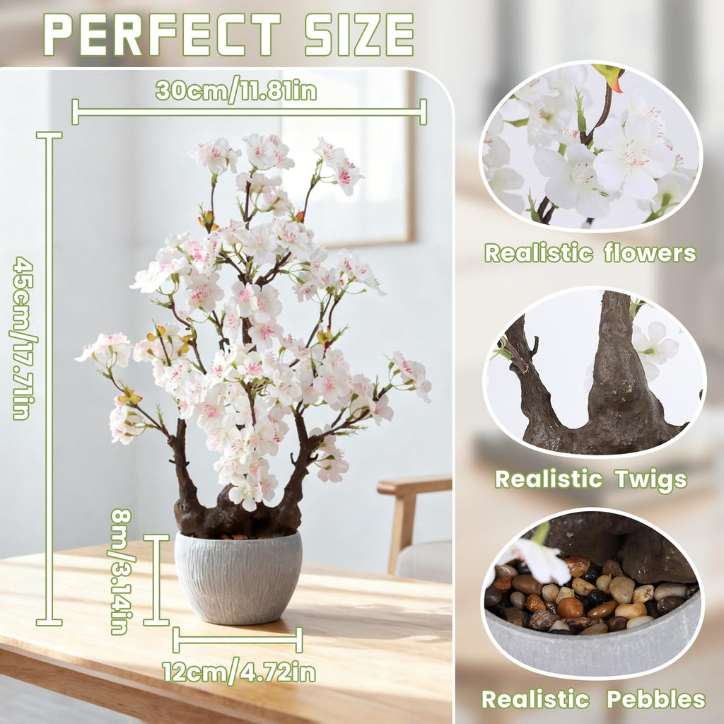 TOARTi Artificial White Cherry Blossom Potted Plant with Stone Pot, 17.7" Bonsai Tree Fake Flowers Faux Plants Desk Plant, Realistic Plants Indoor Decor for for Home Bedroom Bathroom Office Desk