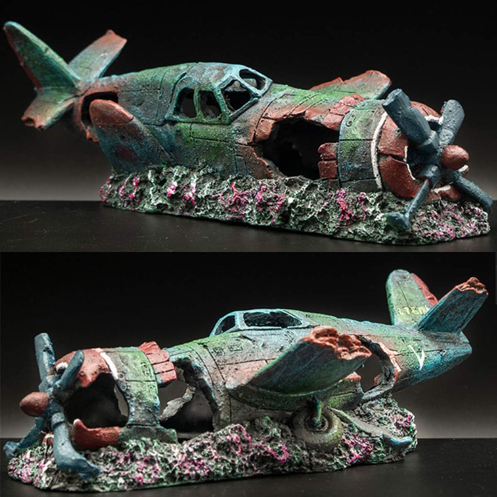 Fish Tank Decoration Fighter Vintage Airplane Ruins Submarine Landscape Fish Shrimp Shelter Cave Hideout Resin Aquarium Decor Turtle Tank Decoration