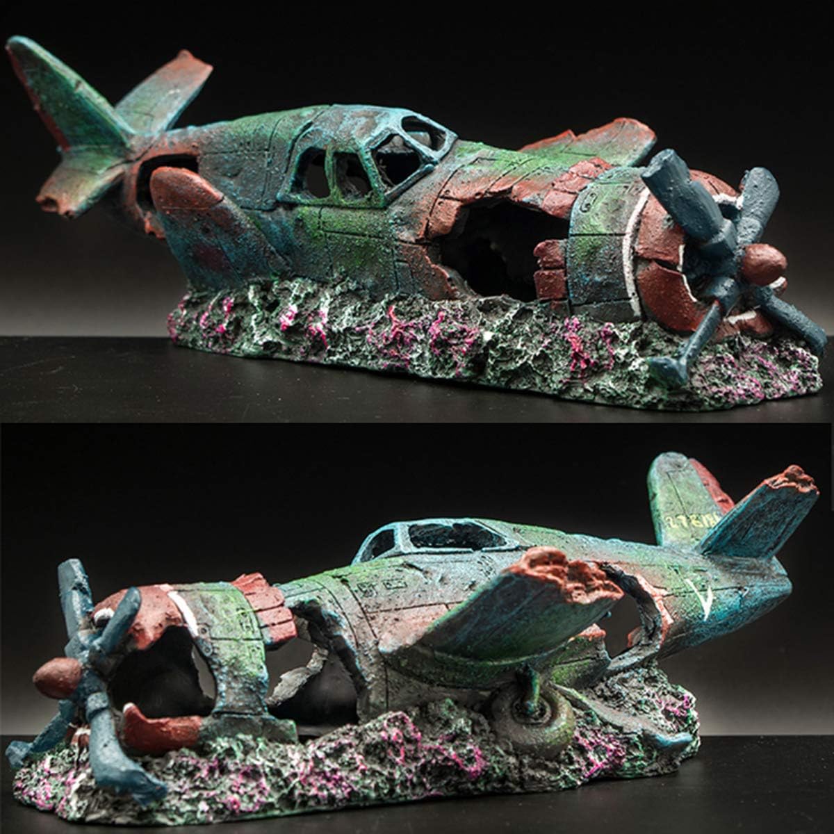 Fish Tank Decoration Fighter Vintage Airplane Ruins Submarine Landscape Fish Shrimp Shelter Cave Hideout Resin Aquarium Decor Turtle Tank Decoration
