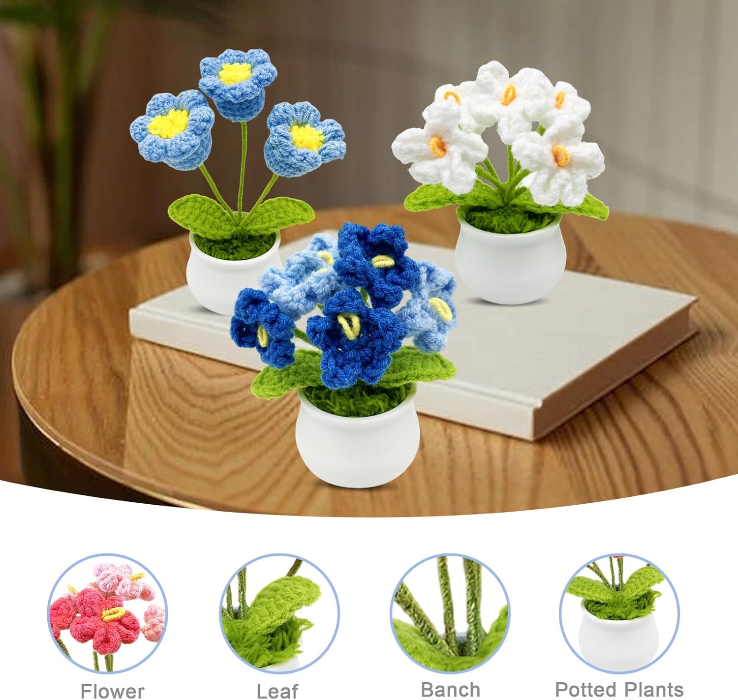 3pcs Crochet Flowers Cute Potted Flower,Mini Flower Bouquet for Mom Wife, Cute Desk Decor for Women,Artificial Handmade Flowers for Car Dashboard,Home Office Decoration (Color#3)