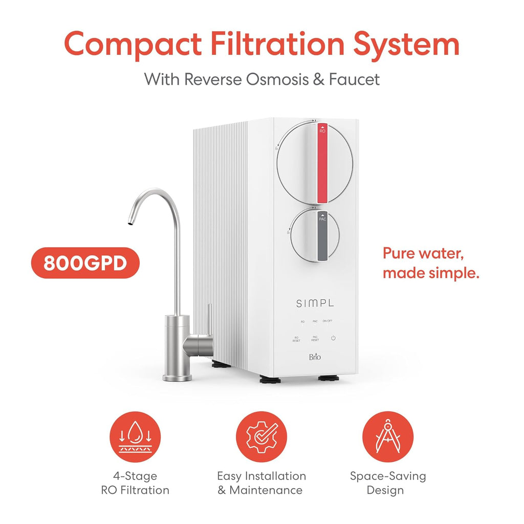 Brio SIMPL Reverse Osmosis Tankless Water Filter System for Clean Drinking Water | 4-Stage Undersink 0.0001 Micron RO Filtration | Reduces PFAS, Dirt, Rust, Chlorine, VOCs & Heavy Metals | 800 GPD