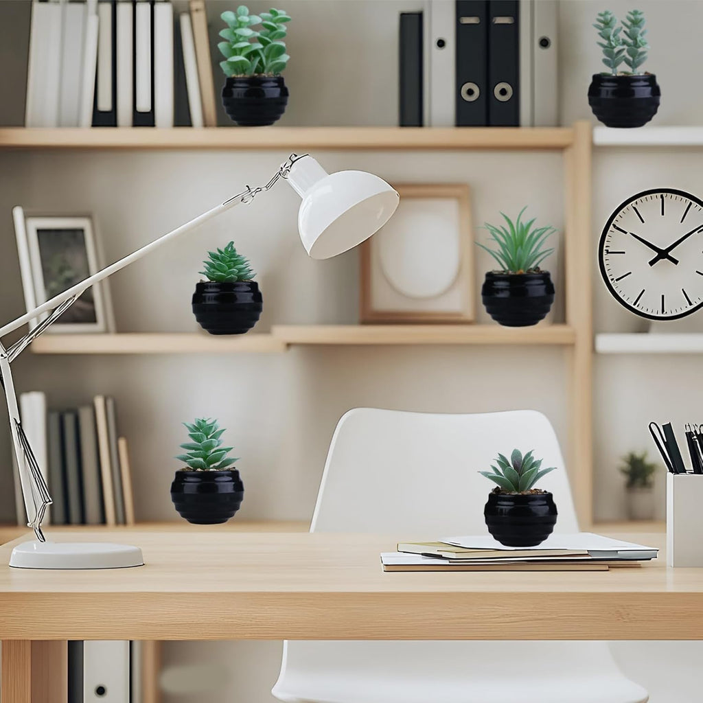 GREENTIME 6 Pcs Green Artificial Succulent Plants in Mini Black Plastic Pots Small Fake Succulent Plant Faux Indoor Decor Bedroom Desk Bathroom Office Living Room Table Shelf Home Decoration