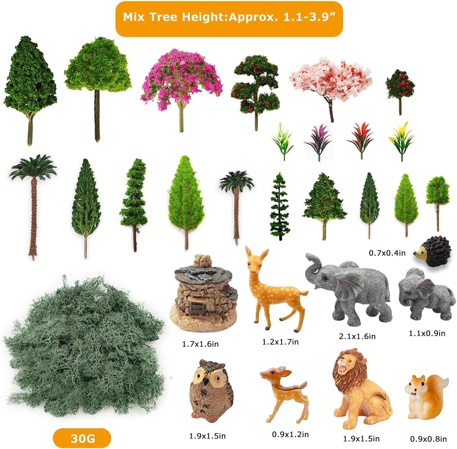 OrgMemory 45 Pcs Animal Tree, Moss, Forest Animals Figures, Plastic Trees for Projects, Model Train Scenery with No Bases, Miniature Trees Diorama Hobby Train Scenery