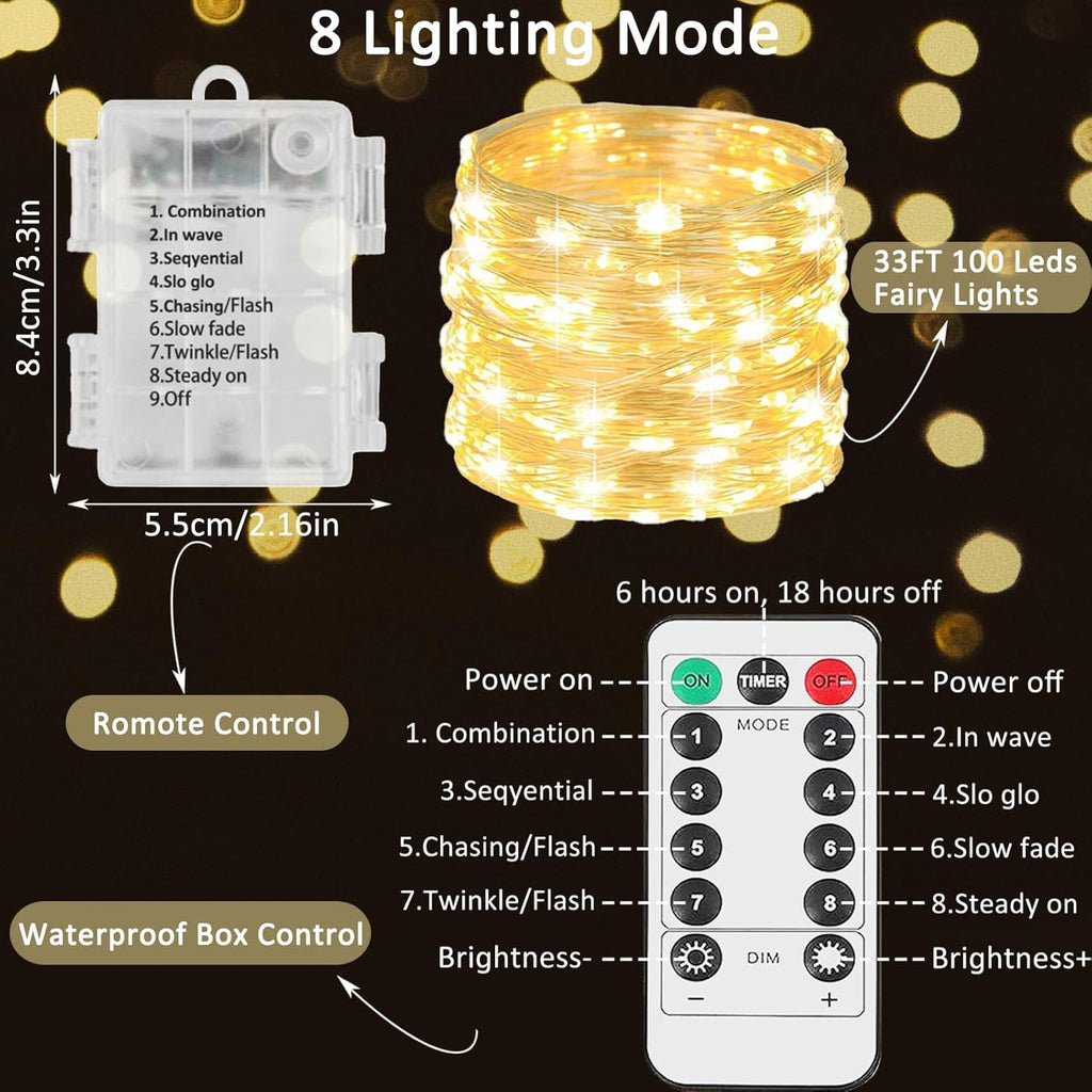 Beieverluck 10 Pack 33FT 100 LED Fairy Lights Battery Operated Fairy Lights with Remote and Timer Waterproof String Lights Outdoor Indoor for Bedroom Wedding Christmas Decorations, Warm White