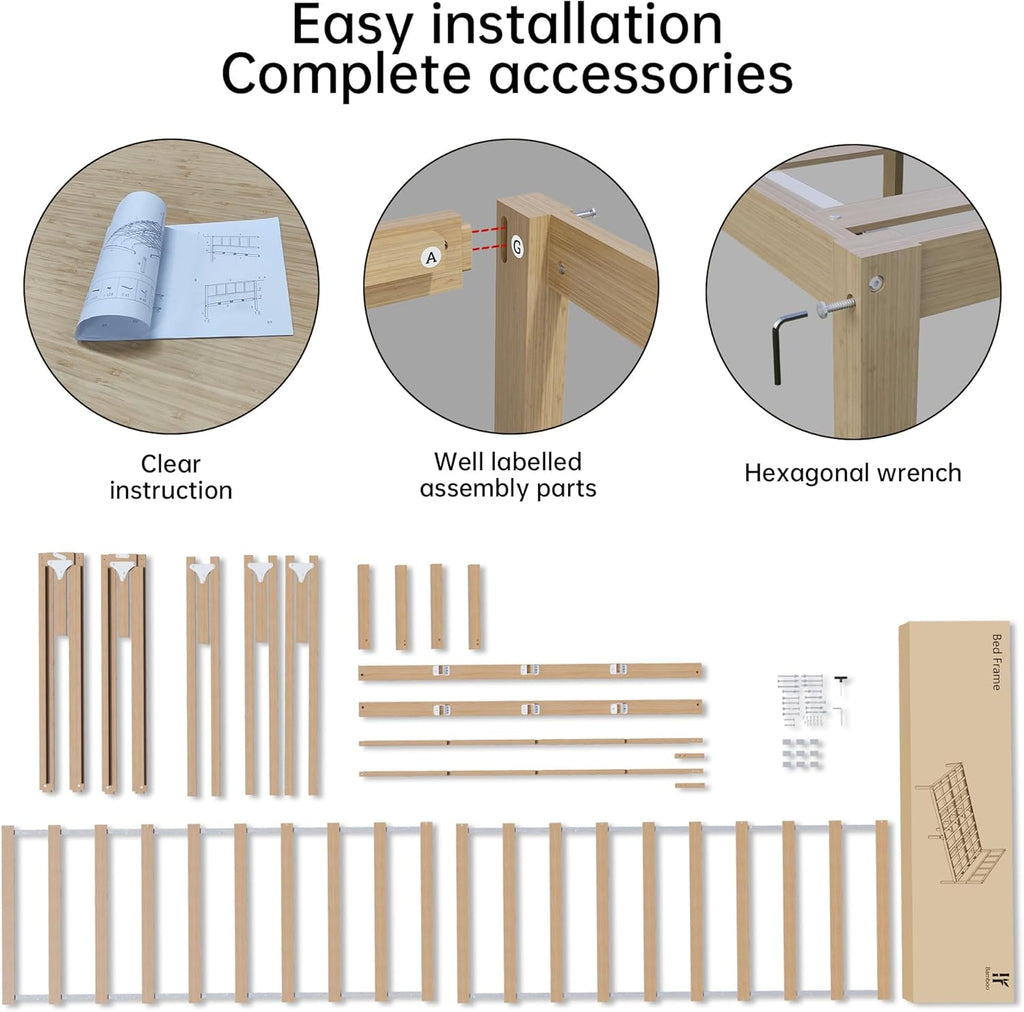 14 Inch Bamboo Bed Frame – Solid Wood Platform Bed Frame, Strong and Stable, with Non-Slip Slats for Support, No Box Spring Needed, Easy to Assemble, Noise-Free(Natural, Full)