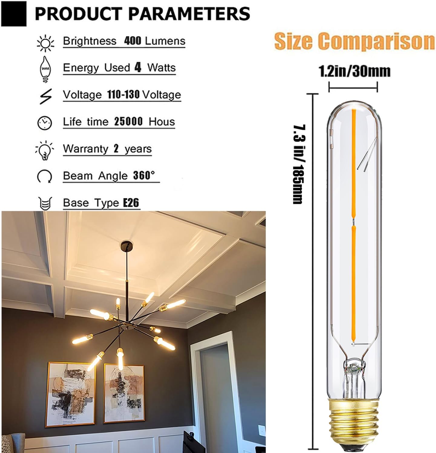 E26 Tubular LED Bulb 4W Equal 40 Watt Soft White 3000K Dimmable E26 Edison AC120V 400lm Tube T9 T10 LED Light Bulb for Rustic Pendant,Chandeliers,Wall sconces,6Pack