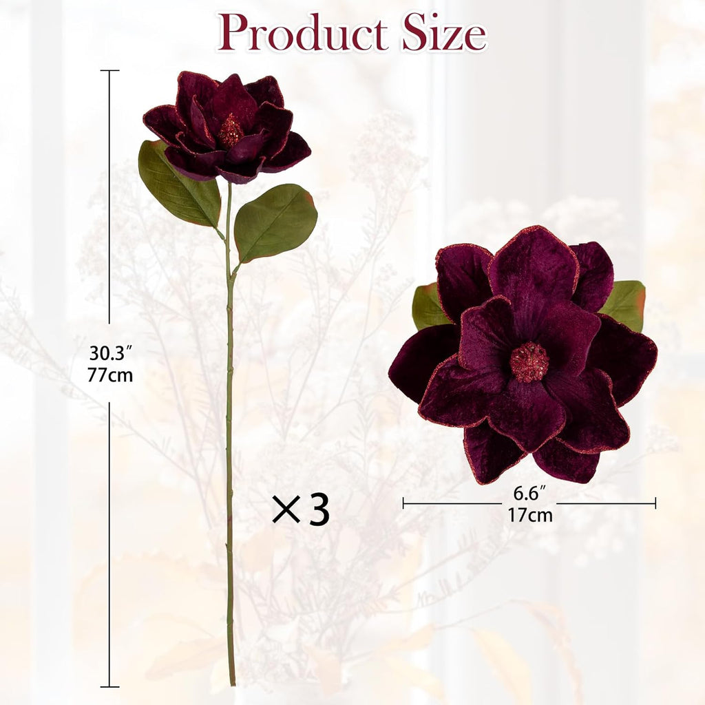 Briful Set of 3 Artificial Christmas Magnolias Flowers – 30’’ Long Stem Faux Magnolia Stems for Tree Ornaments, Holiday Centerpieces & Christmas Decor, Purple