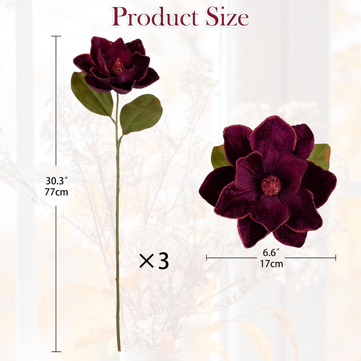 Briful Set of 3 Artificial Christmas Magnolias Flowers – 30’’ Long Stem Faux Magnolia Stems for Tree Ornaments, Holiday Centerpieces & Christmas Decor, Purple
