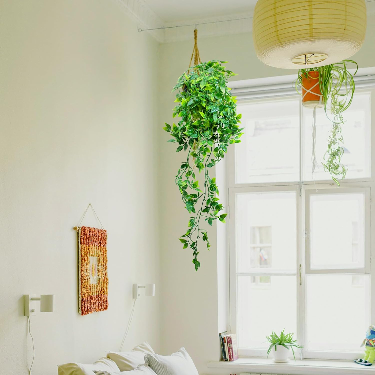 LOYWREE 3 Pack Small Artificial Hanging Mandala Plant with Pot Faux Plants Indoor Fake Small Potted Plant 28.7-In Long Faux Vine Shelf Decor Ideal for Indoor Outdoor Home Office Decoration (Black Pot)