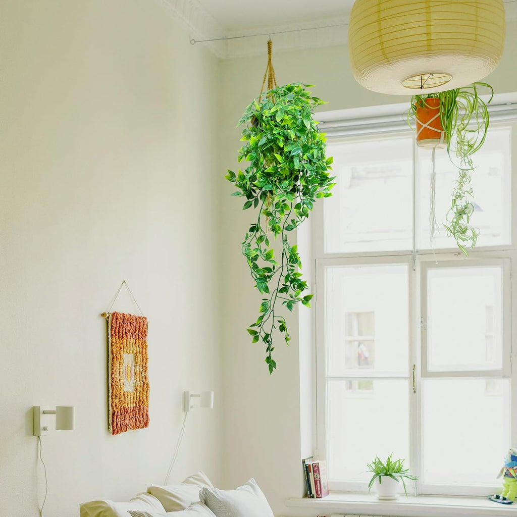 LOYWREE 2 Pack Artificial Hanging Mandala Plant with Pot Faux Plants Indoor Fake Small Potted Plant 28.7-in Long Faux Vine Shelf Decor Ideal for Indoor Outdoor Home Office Decoration (Black Pot)