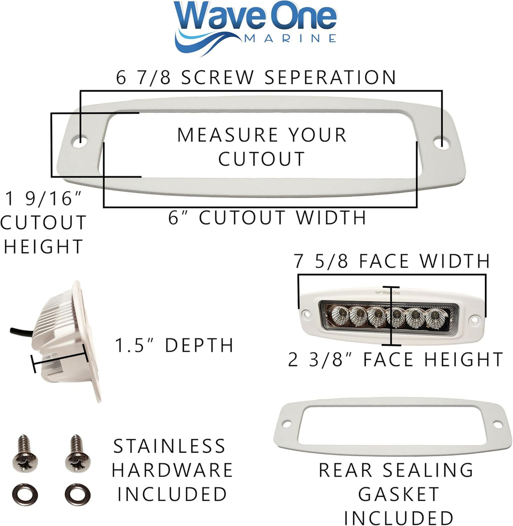 Wave One Marine Dual Color LED FLUSH Mount Spreader Light | Boat Deck Flood Beam | Stainless Hardware | IP68 Waterproof | High Lumen | 12-24 Volt DC Input (WHITE)